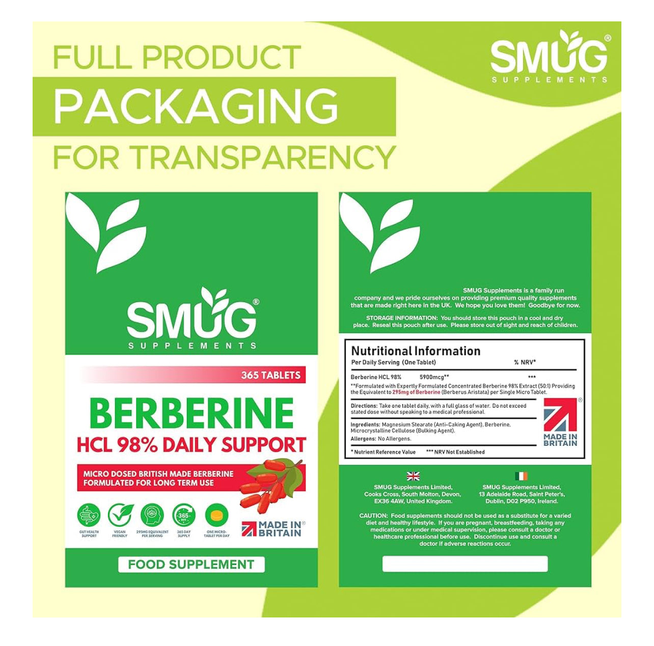 SMUG Supplements Berberine HCL British Made 98% Pure
