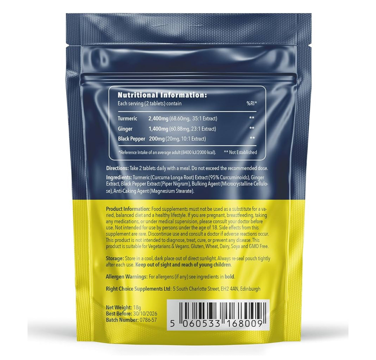 Turmeric, Ginger & Black Pepper 4000 mg Tablets (per Serving)