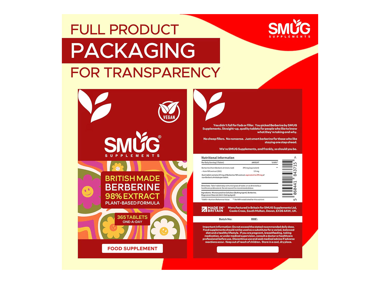 SMUG Supplements Berberine HCL British Made 98% Pure