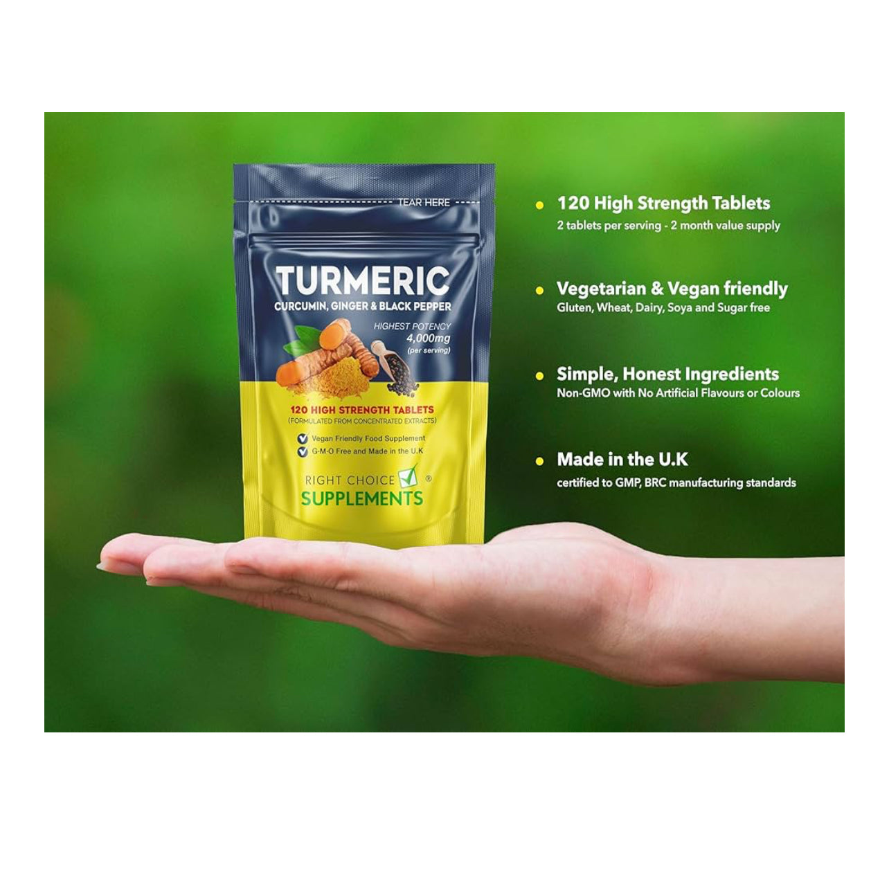 Turmeric, Ginger & Black Pepper 4000 mg Tablets (per Serving)