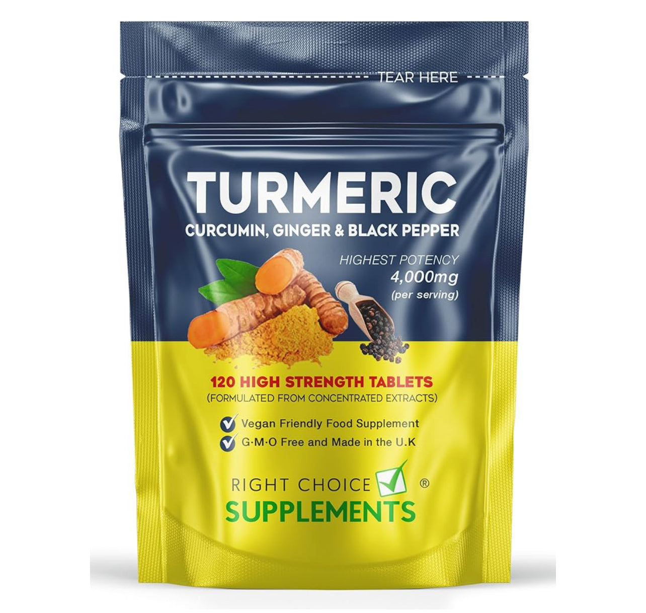 Turmeric, Ginger & Black Pepper 4000 mg Tablets (per Serving)