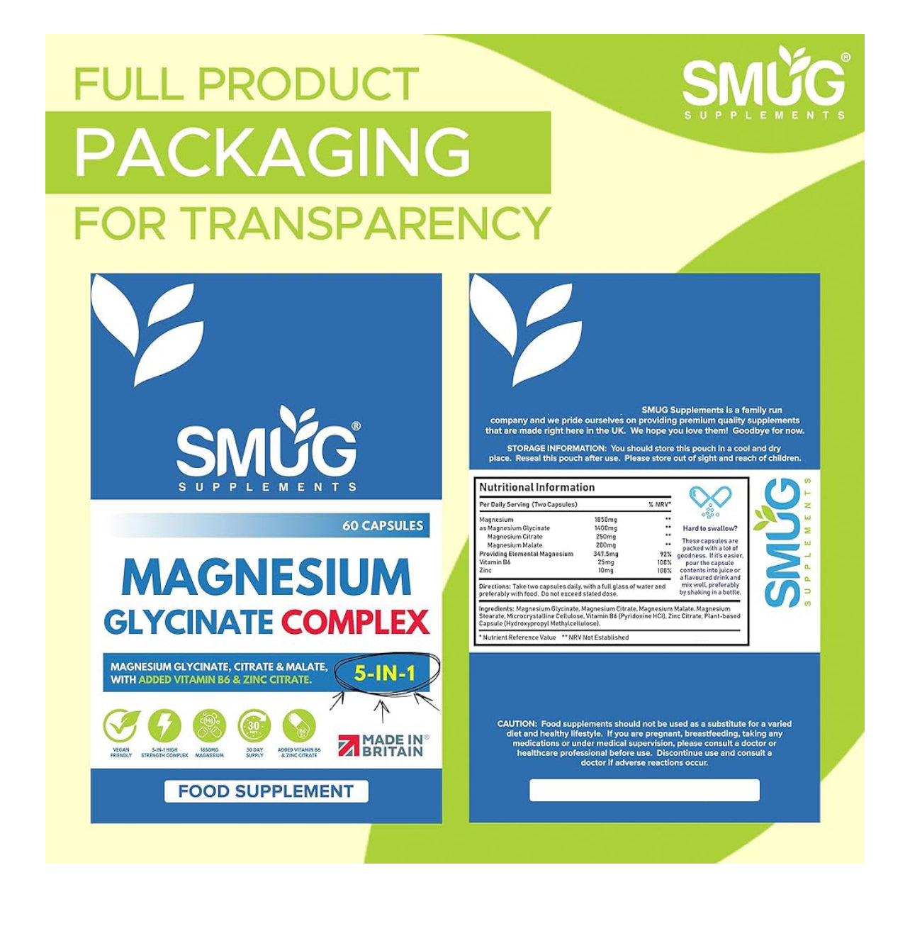 Magnesium Glycinate Complex British Made 5-in-1 by SMUG Supplements