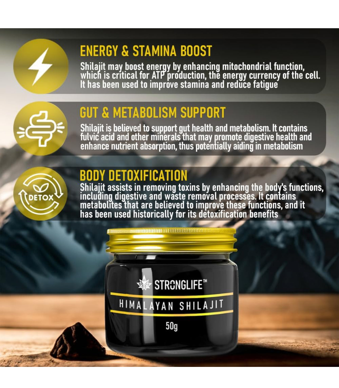 Shilajit Resin 50 Grams Stronglife Gold Grade Himalayan Shilajit